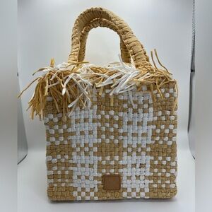 Woven Tan and White Tote Bag